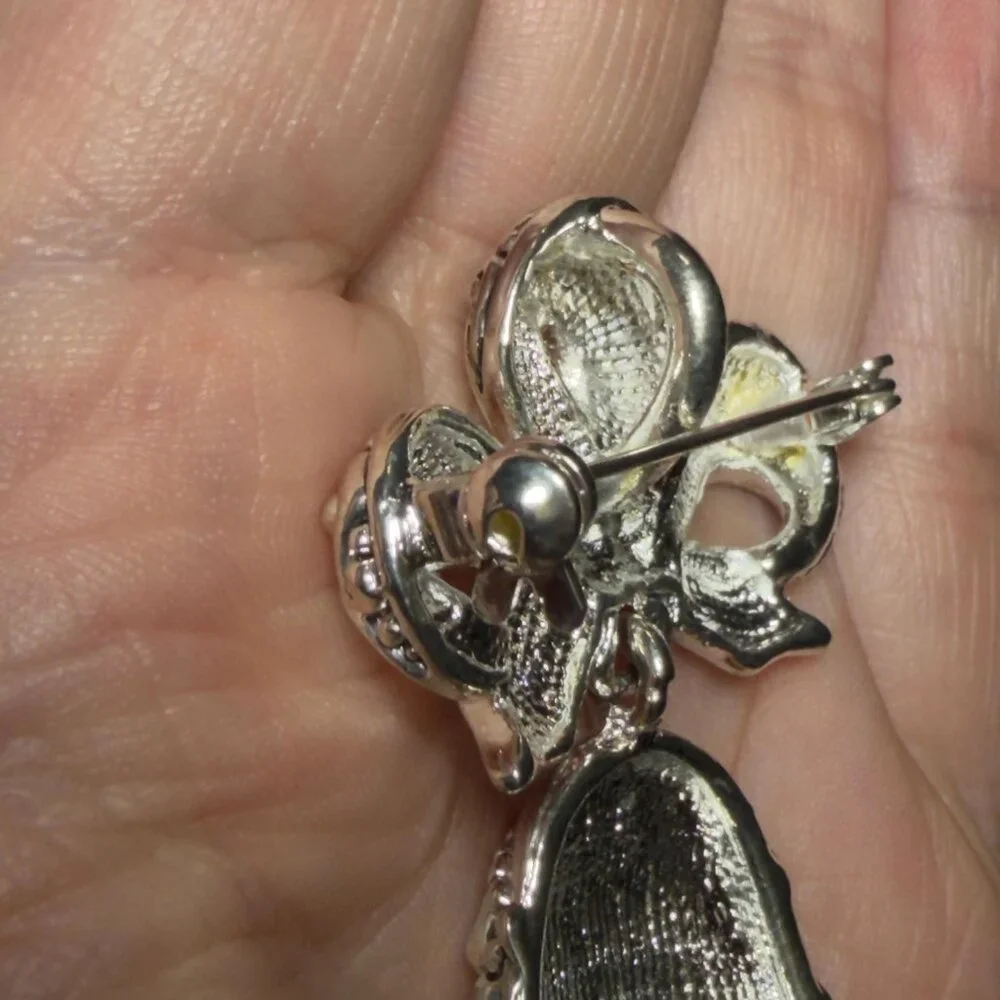 Bell Brooch Silver Tone Dangle Bow Pin Vintage Style 2 Inch
